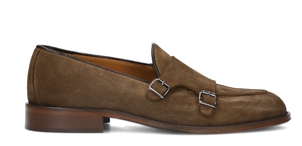 MANFIELD Taupe suède loafers met gesp