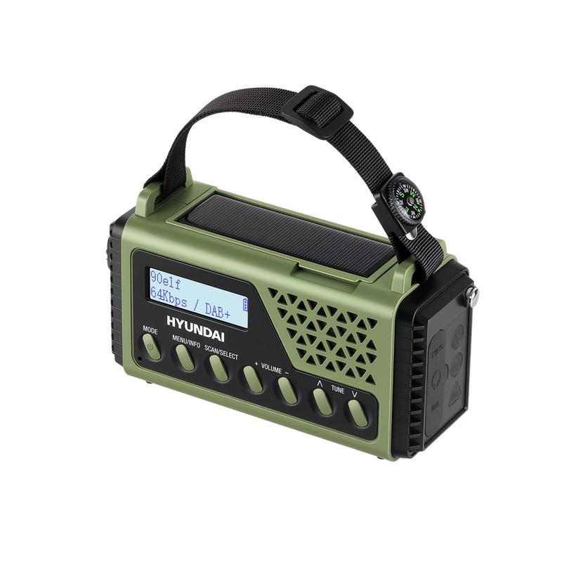 Hyundai noodradio van Action met het zonnepaneel bovenop en het kompas aan de draagband Hyundai noodradio van Action met het zonnepaneel bovenop en het kompas aan de draagband