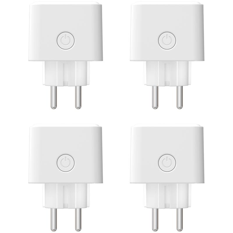 Vier witte LSC Smart Connect slimme stekkers naast elkaar Vier witte LSC Smart Connect slimme stekkers naast elkaar