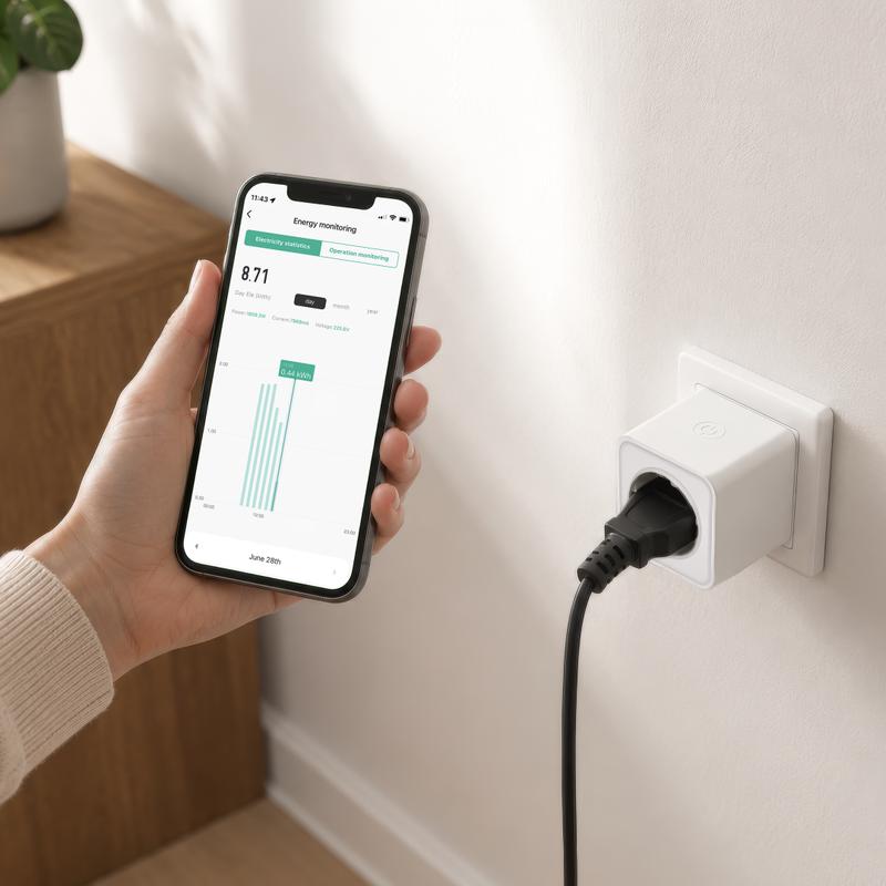 LSC Smart Connect slimme stekker van Action in het stopcontact met de energiemeting in de app op een telefoon LSC Smart Connect slimme stekker van Action in het stopcontact met de energiemeting in de app op een telefoon