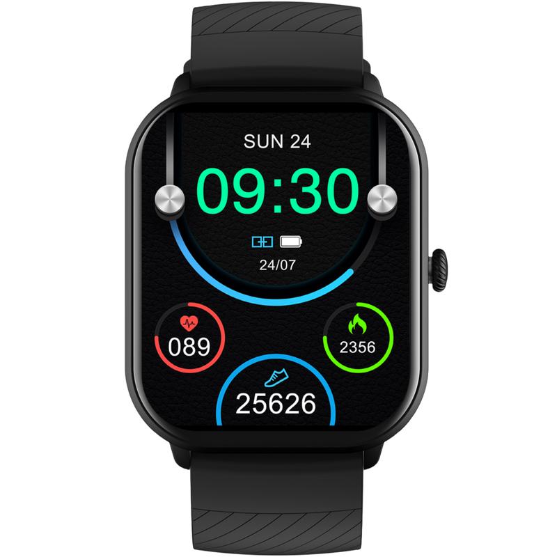 Vooraanzicht van de zwarte Denver smartwatch met een digitale wijzerplaat
