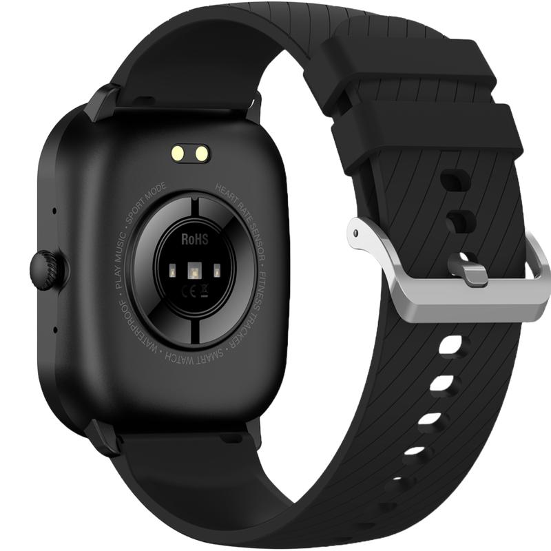 Achterkant van de Denver smartwatch met sensoren en twee laadpunten