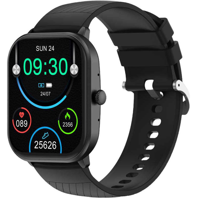 Zwarte Denver smartwatch van Action met tijd, hartslag en stappen op het AMOLED-scherm