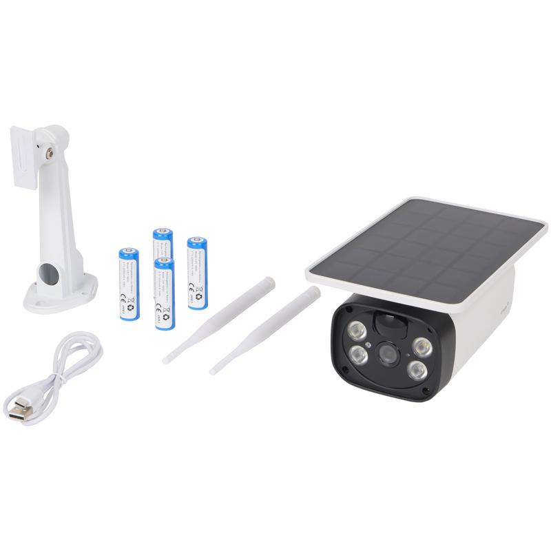 Inhoud van de doos van de Omajin solar camera met muurbeugel, batterijen, antennes en USB-kabel Inhoud van de doos van de Omajin solar camera met muurbeugel, batterijen, antennes en USB-kabel