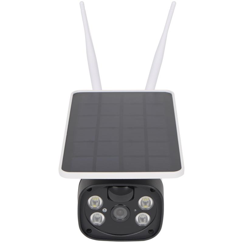 Voorkant van de Omajin solar camera met lens, vier lampjes en twee antennes Voorkant van de Omajin solar camera met lens, vier lampjes en twee antennes